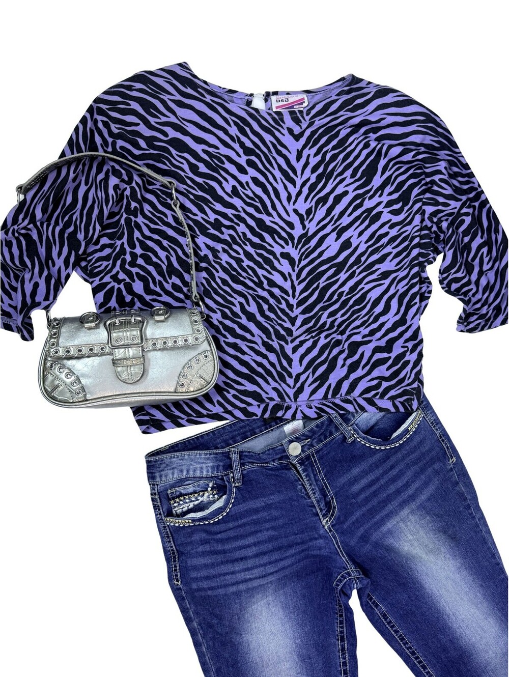 Y2K Purple Zebra Print Dolman Top Large Vintage DEB Batwing Shirt